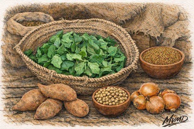 Merchant’s stall with tetragon, lentils, onions, chickpeas, and sweet potatoes 