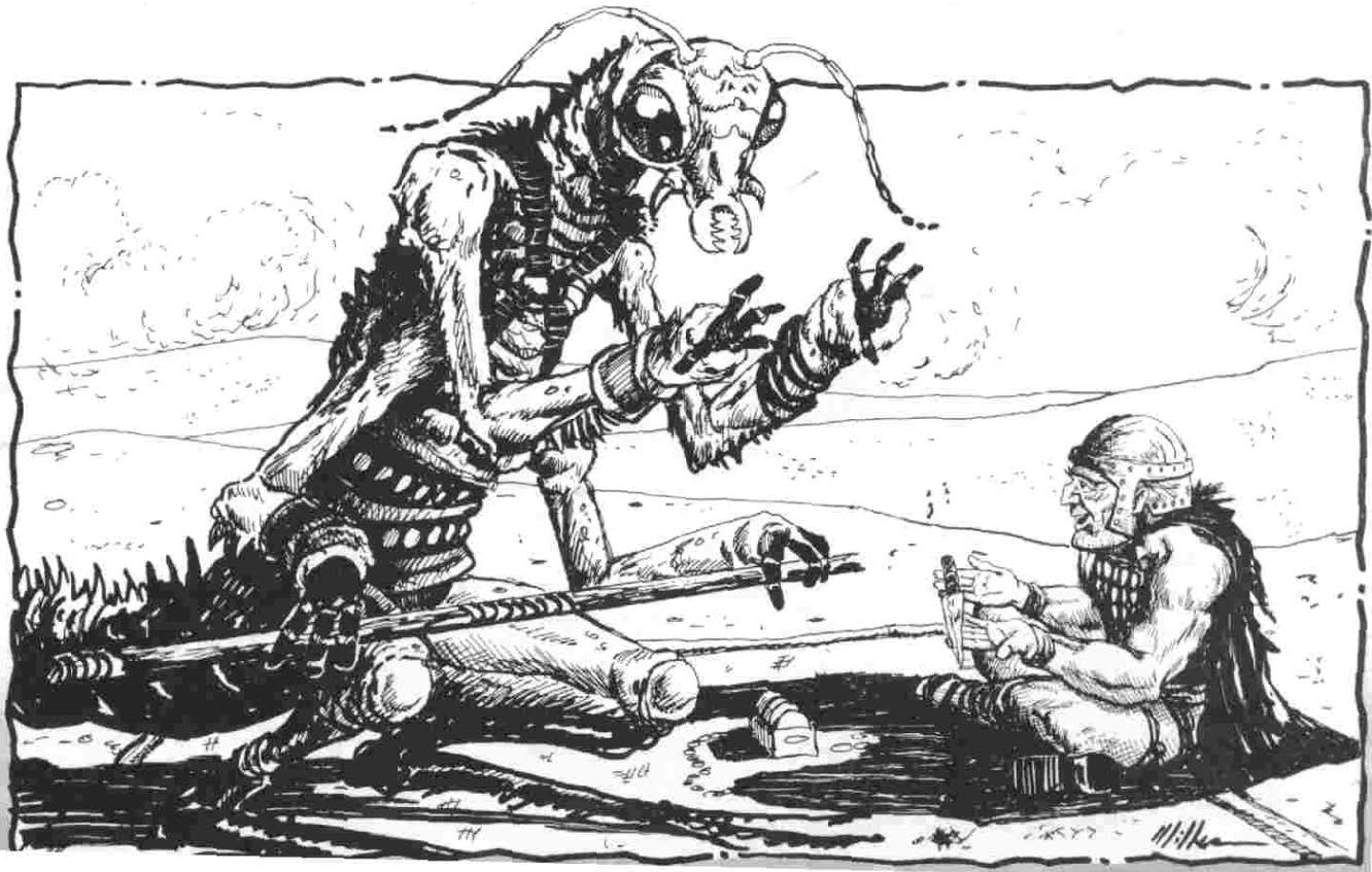 A thri-kreen and a human sit, making a trade